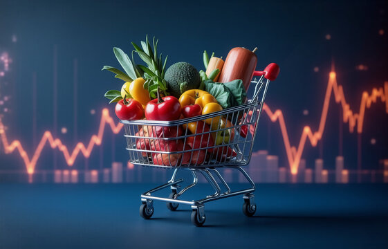 A miniature shopping cart filled with fresh produce sits against a backdrop of fluctuating stock market graphs, illustrating the impact of market trends on food prices and the cost of living. - Powered by Adobe
