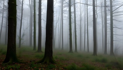 Obraz premium forest filled with lots of trees covered in fog