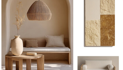 Interior design with a natural essence: spa reception with an earthy palette, wooden furniture and wicker lighting in a minimalist and elegant space.