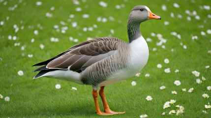 Obraz premium Greylag Goose (Anser anser) standing in grass with white flowers