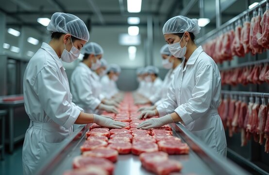Meat processing plant with female workers wearing protective uniform handling fresh raw beef cuts. Food industry factory environment. Manufacturing process, food production, meat preparation with - Powered by Adobe