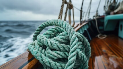 Obraz premium Rope on vintage sailing ship under overcast skies on open waters voyage