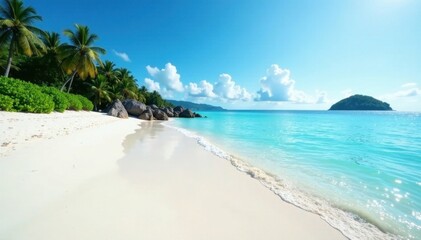White sand beach, clear water, distant island silhouette, wave, coast