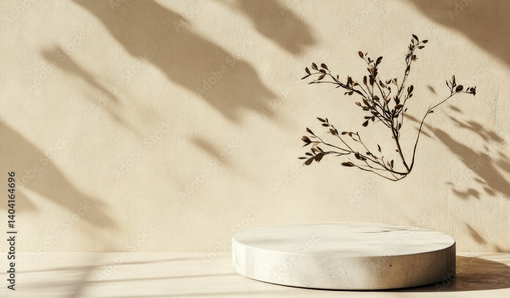Poster Minimalist Product Display Platform with Branch and Shadows on Beige Backdrop