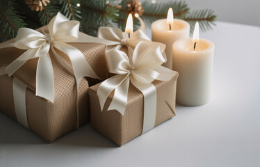 Obraz premium Two kraft paper gifts, adorned with ivory satin ribbons, sit beside flickering candles and pine branches. A festive and elegant winter scene.
