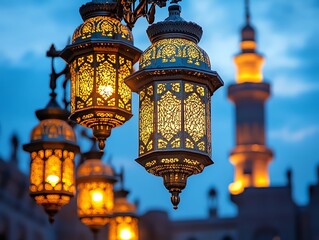 Obraz premium Golden lanterns glow warmly against a twilight sky near a softly lit mosque creating a peaceful and spiritual scene Perfect for Ramadan or Islamic celebrations