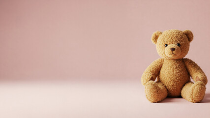 Cute teddy bear sitting on the floor on beige background