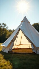 Crisp white canvas tent side, sunlight gleaming , festival, party, illumination