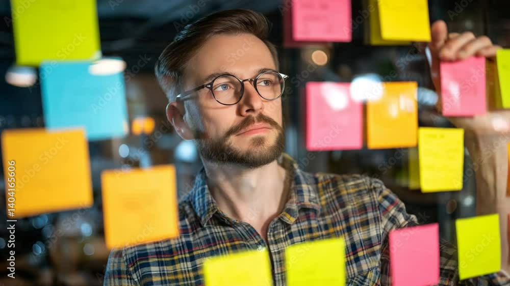 Poster young it worker analyzing notes on glass board with focus generative ai