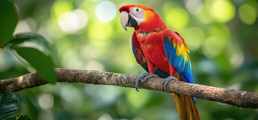 Obraz premium Scarlet Macaw perched on branch, lush green jungle