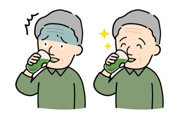 苦い青汁に驚く顔と、美味しそうに飲む顔のシニア男性イラストセット