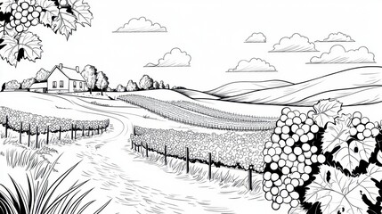 Fototapeta premium Black and White Vineyard Landscape Drawing