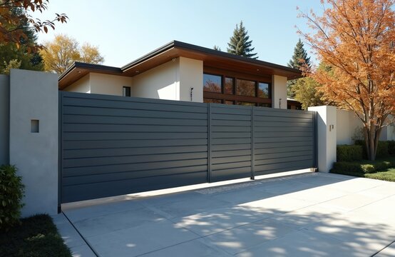 Modern sliding gate entrance iron metal house. Home exterior design with automation. Security system driveway entrance with contemporary architecture. Modern house with concrete patio, wooden facade.