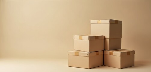 Stacked cardboard boxes against pale background. Beige packaging storage with packing tape. Product for delivery service, shipping, moving, business. Simple design. Blank space for text. Modern