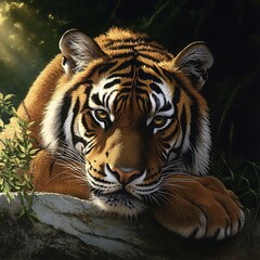 Fototapeta premium Fierce tiger with intense gaze resting peacefully in the jungle high resolution image