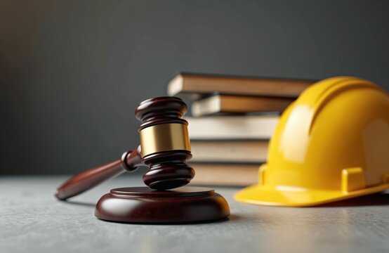 Construction law concept with gavel, yellow helmet, books in background. Civil engineering, property rights, legal protection, business case, architecture, building codes. Safety, worker compensation