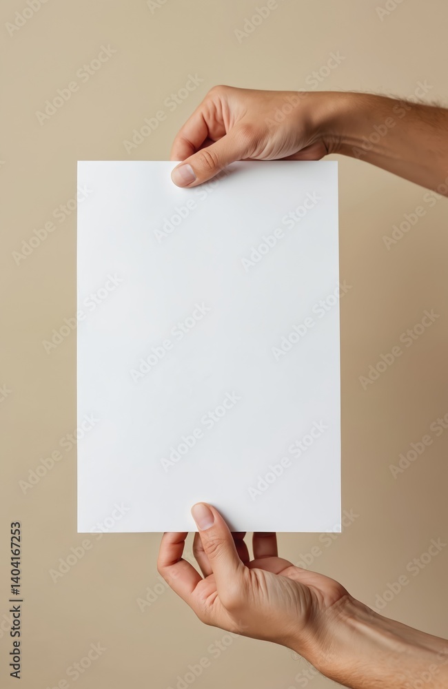 Aufkleber hand holds blank white paper sheet against beige background. empty space for text design or logo. pe
