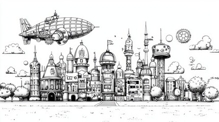 Fototapeta premium Whimsical Cityscape with Airship Design