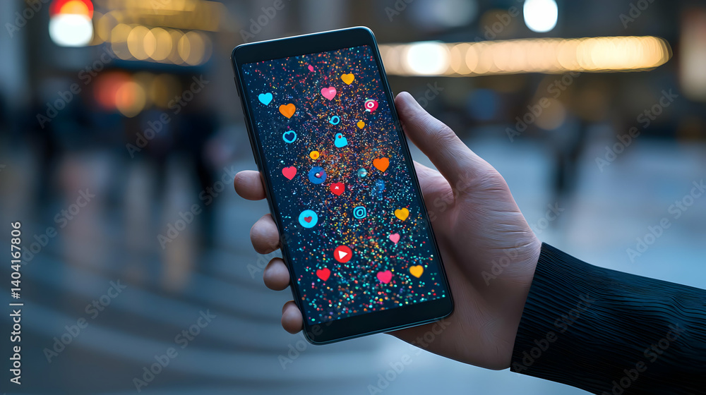 Aufkleber hand holding smartphone displaying social media icons and abstract bokeh in urban setting