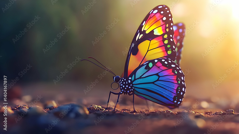 Poster Pixelated Butterfly with Colorful Wings Resting on Ground with Sunlight and Bokeh Background