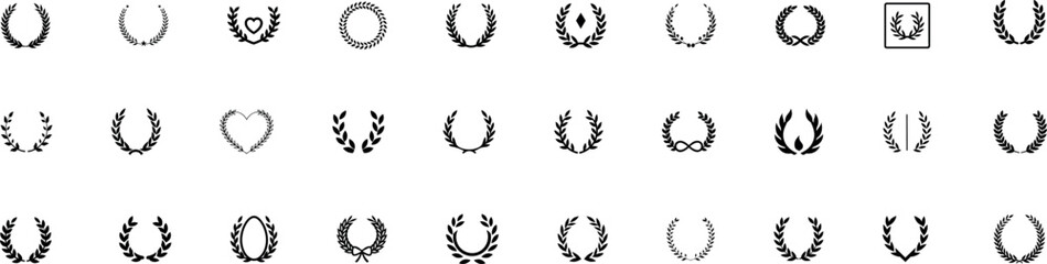 Black and White Laurel, Wheat, and Foliage Wreath Icons on Transparent Background