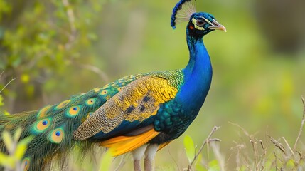 Obraz premium Vibrant plumage, a striking peacock portrait amidst a verdant natural backdrop