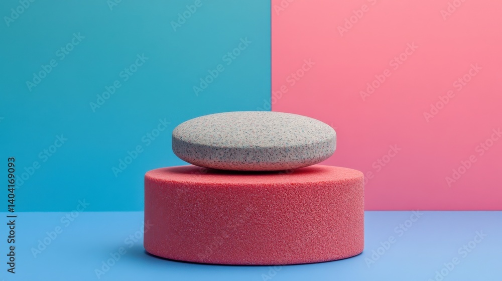 Aufkleber abstract composition showcasing a textured round object on a cylindrical base against colorful backg