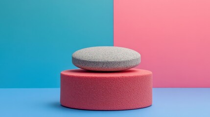 Abstract composition showcasing a textured round object on a cylindrical base against colorful backgrounds