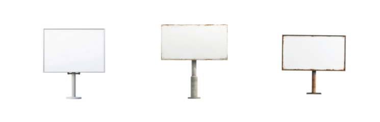 Collection of blank street signs with rust metal poles and unique rectangular shapes