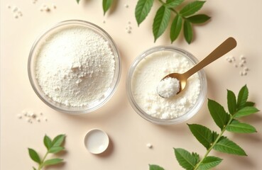 Collagen powder, hyaluronic acid samples in glass petri dishes. Cosmetic beauty texture, gel, liquid, skin treatment, skincare. White powder, golden spoon, small green leaves. Natural ingredients,