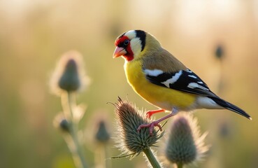 Fototapeta premium European goldfinch Carduelis carduelis perches on thistle plant in early morning. Bird eating seeds. Yellow, red, brown feathers. Wildlife photography nature beauty, birdwatching, ornithology, eco