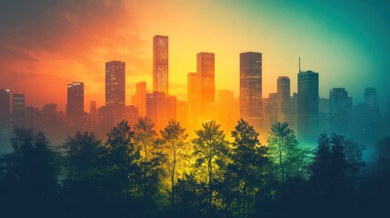 Obraz premium Spectacular cityscape vista blending urban architecture with natural forest ambiance