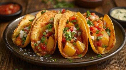 Crispy potato tacos on a plate.
 