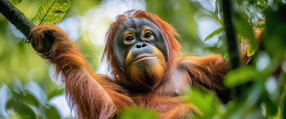 Obraz premium Orangutan in rainforest canopy, jungle background. Wildlife conservation