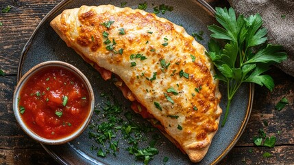Delicious calzone with vegetables, served with sauce