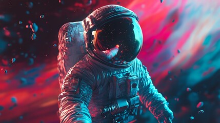 Futuristic astronaut in space suit walking across colorful cosmic terrain high resolution image