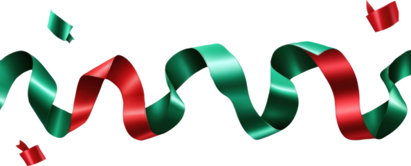 Red and Teal Ribbons Swirl on transparent Background with Confetti