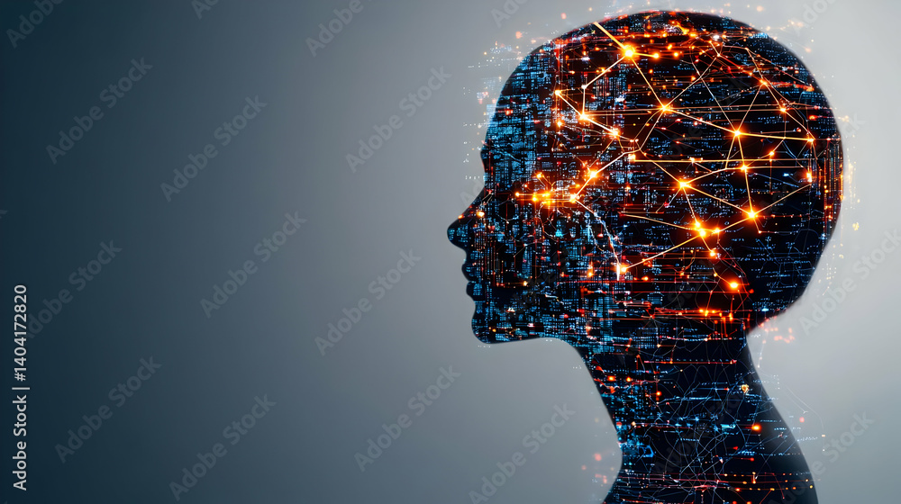 Poster digital silhouette human head profile with circuit board pattern representing artificial intelligenc