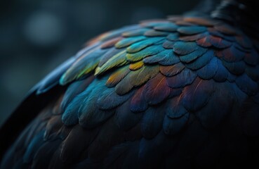 Fototapeta premium Close-up of bird plumage with dark feathers, rainbow highlights. Abstract design with vibrant colors, contrast detail. Exotic wildlife, nature pattern. Ideal for art, fashion, design projects.