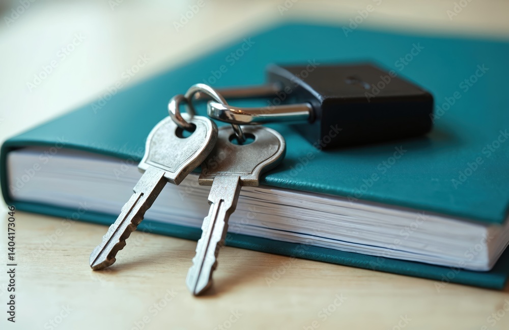Poster Closed padlock with keys on notebook symbolizes data protection. Concept of privacy security system access. Confidential info, secure business solution on paper with lock and key.