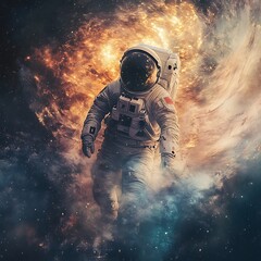 Obraz premium Futuristic astronaut walking through intergalactic space under vibrant nebula high resolution image