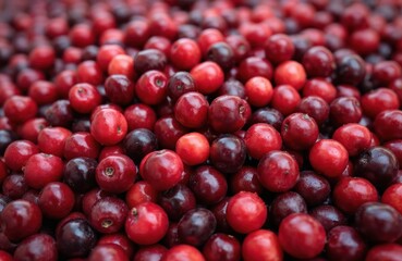Fresh ripe cranberries background. Red, dark red berries. Healthy food, natural berries. Cranberry juice ingredient. Autumn harvest vitamin source. Fresh, juicy berries as ingredient for healthy