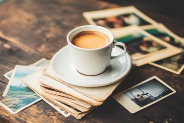 Espresso on aged books, vintage photos