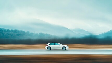 White car driving on road with mountain background scenic drive vehicle transportation automotive travel