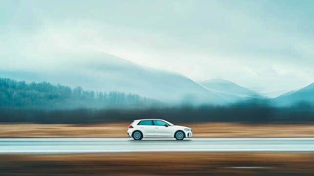 White car driving on road with mountain background scenic drive vehicle transportation automotive travel