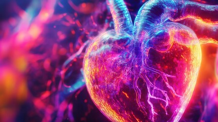 Vibrant digital illustration of a glowing heart surrounded by colorful energy and light effects