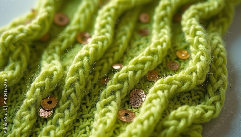 Poster Handmade knitted textile of green color with bronze sequins. Textured textile made with loops of threads. Knitted pattern. Close-up view of fabric. Fashion design handmade clothes.