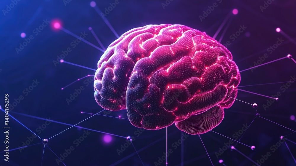Poster abstract representation of a brain with glowing connections against a dark background