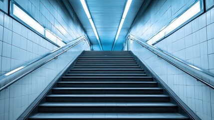 Urban ascent, A cool-toned staircase leading to an illuminated exit