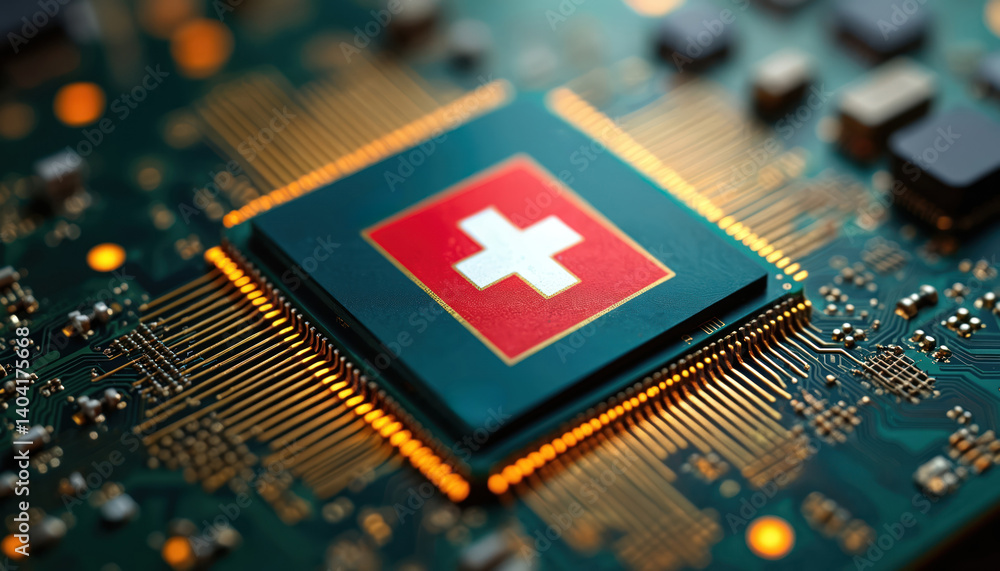 Fototapete swiss flag on processor, cpu or microchip on motherboard. concept for global microchips production c